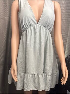 Light Blue High-Low Women’s Dress with Deep V-Neck